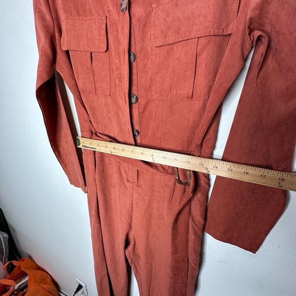 NWT Boohoo Rust Utility Cargo Belted Jumpsuit Tapered Leg Front Safari Pocket 7 - Picture 14 of 16
